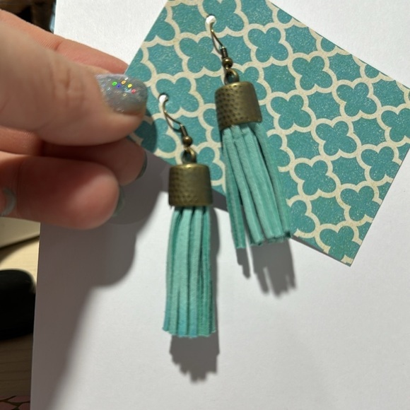 Turquoise tassel‎ earrings faux suede brass NEW handmade - Picture 3 of 3